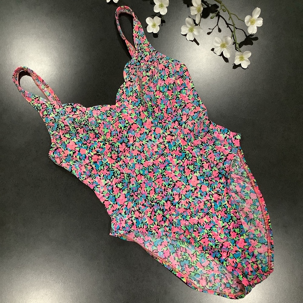 Vintage Sassafrass Bright Neon Floral One Piece Swimsuit High Leg Low Back 80s